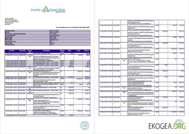 Modèle Word et PDF de relevé de compte India Canara Bank, 2 pages